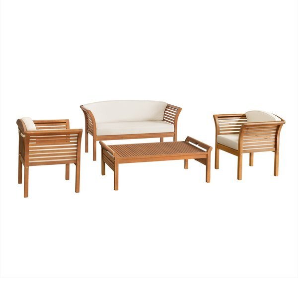 Stamford Eucalyptus Wood Outdoor Set with 2 Chairs, Bench, and Coffee Table, Set of 4, Alaterre Furniture, Mfr#: ANSF01123EBO